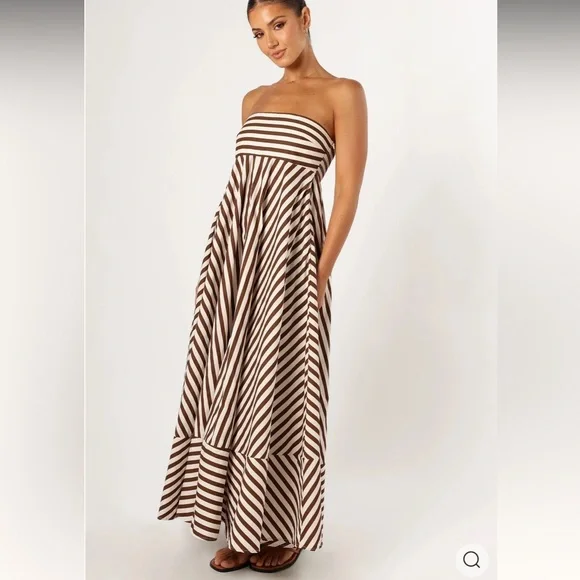 NWT Petal & Pup Brown and White Strapless Striped Maxi Dress - Picture 2 of 16